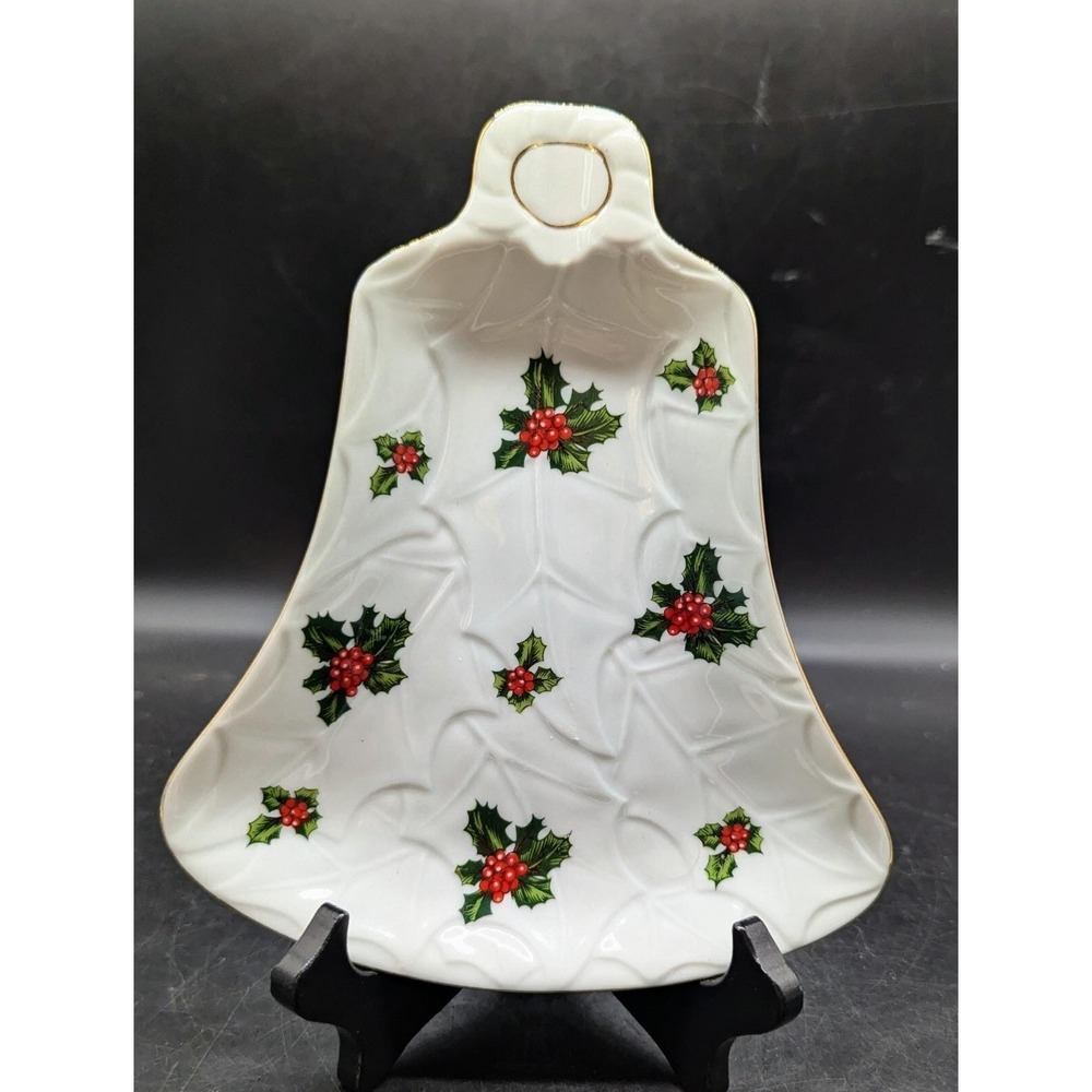 Vintage Lefton Bell Holly Handpainted Gold Trim Christmas‎ Candy Dish 6.5"